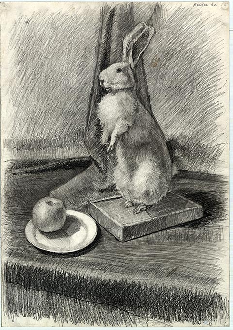 Hase. Alexander Babel, 4. Klasse, 2000/2001, Bleistift, 62 × 43 cm. Entstanden im Zeichenunterricht der Kinderkunstschule in Nowomoskowsk (Russland).