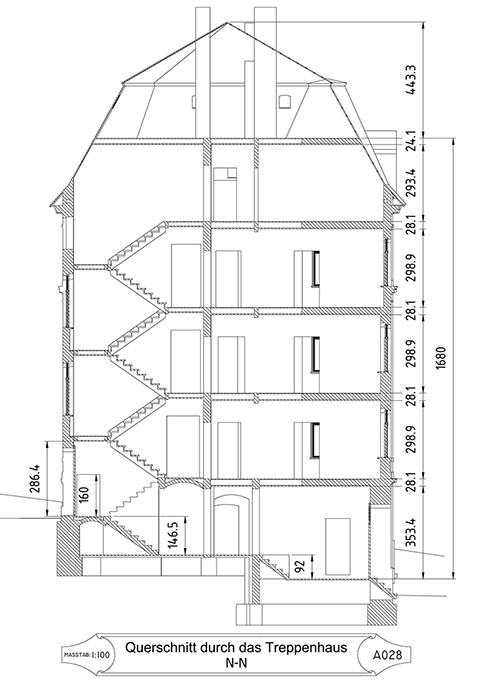 Querschnitt durch das Treppenhaus des Hauses Dietel, Greiz.