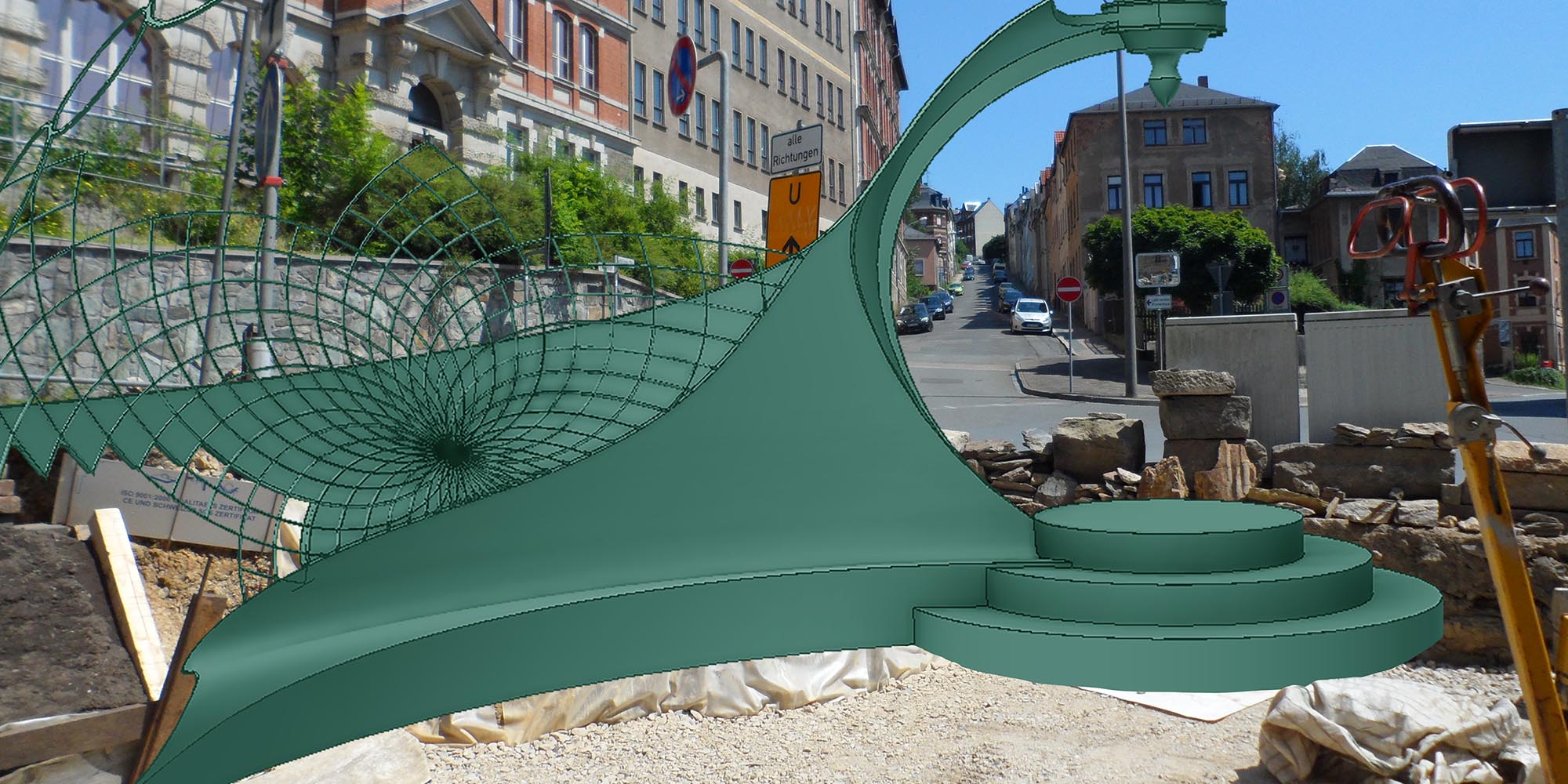 Фотомонтаж: скульптура Istvandukt со скамейкой и солнцем на фоне пекрёстка с жилой застройкой и бывшей школой Pestalozzischule в Грайце.