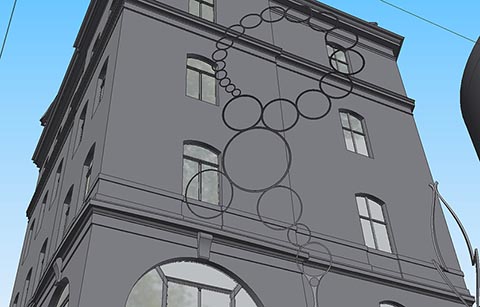 Skulpturale Komposition Istvandukt auf dem Istvanplatz in Greiz. Baumkrone aus Jahresringen vor einem Gebäude. 3D-Modell.