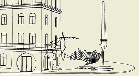 Skulpturale Komposition Istvandukt auf dem Istvanplatz in Greiz. Zeichnung. 3D-Modell.