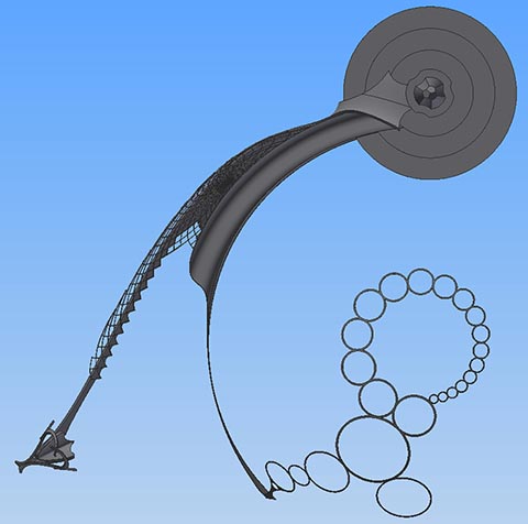 Skulpturale Komposition Istvandukt auf dem Istvanplatz in Greiz. Draufsicht: geschwungene und abgerundete Formen der Bank und Rückenlehne, Ringe, Stufen. 3D-Modell.