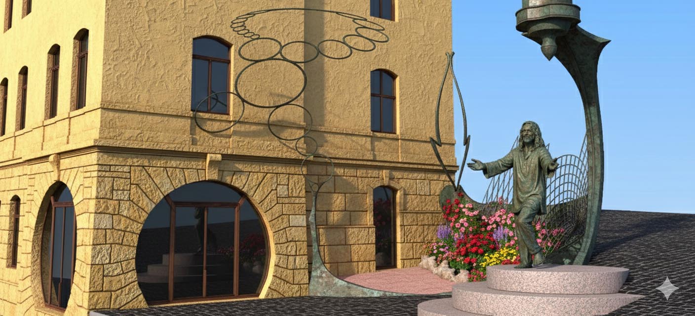 Skulpturale Komposition Istvandukt, modelliert mit künstlicher Intelligenz, Bronzefigur von Istvan Sky, Istvanplatz in Greiz. 3D-Modell.
