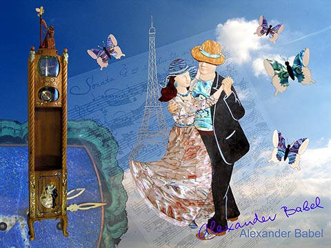Photo collage: dancing couple inspired by Renoir, mother-of-pearl butterflies, and a grandfather clock against a lapis lazuli and malachite dial. Original work by Alexander Babel.