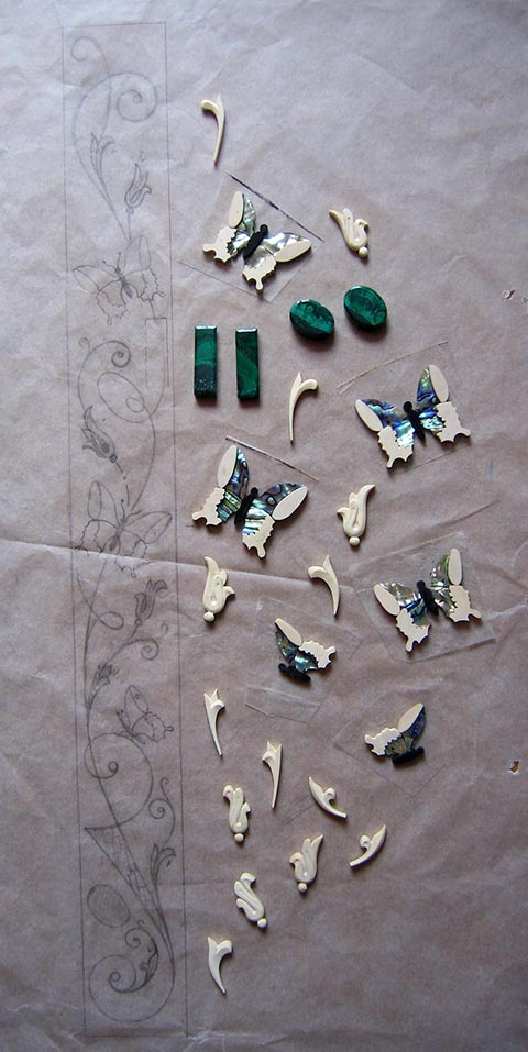 Напольные часы (grandfather clock). Авторская работа Александра Бабеля. Эскиз с элементами инкрустации и готовые детали из кости мамонта, абалона, малахита.