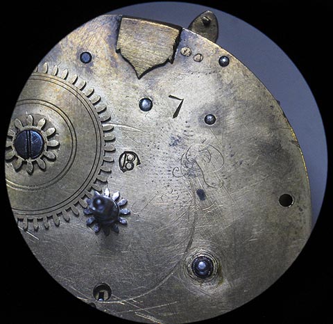 Antique verge escapement table clock with fusee and chain. Signature on the movement.