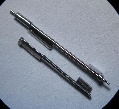 Manufacturing the balance staff. Shaping the pallet to its correct form. Antique table clock with fusee-and-chain drive.