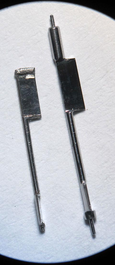 Antique verge escapement table clock with fusee and chain. Process of shaping the pallet for the balance staff.