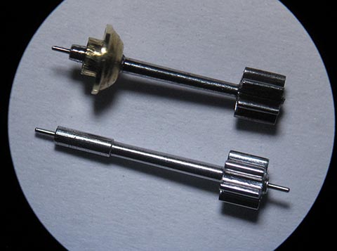 Manufacturing a pinion. Above: the pinion with a broken pivot. Antique verge escapement table clock, driven by a fusee and chain.