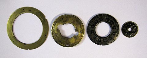 Silver dial. Mounting. Front view. Antique table clock with verge escapement and fusee drive.