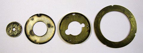 Antique verge escapement table clock with fusee and chain. Silver dial. Mounting. Rear view.