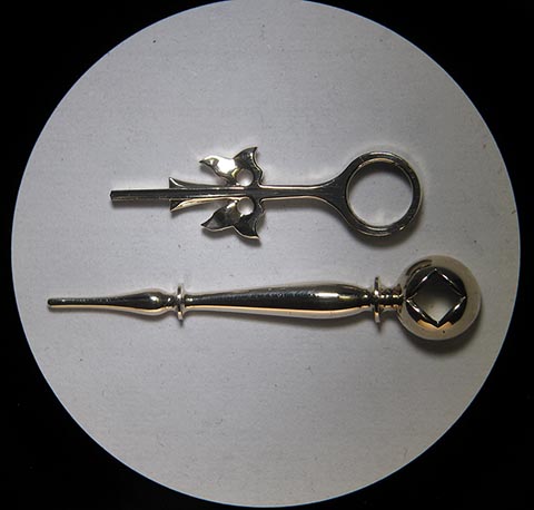 Newly manufactured gold hour and minute hands. General view. Antique bracket clock with verge escapement, fusee, and chain.