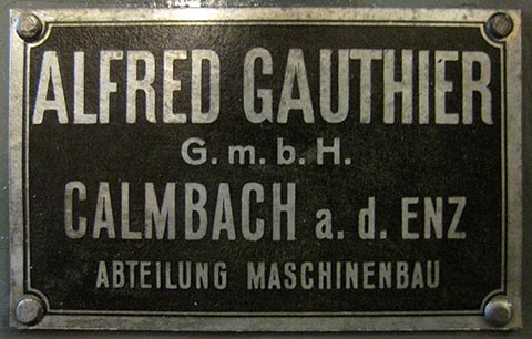 Gauthier W1 gear hobbing machine, Calmbach an der Enz, Germany. Logo.