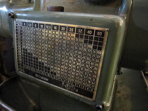 Gauthier W1 gear hobbing machine. Cover with change gear chart.