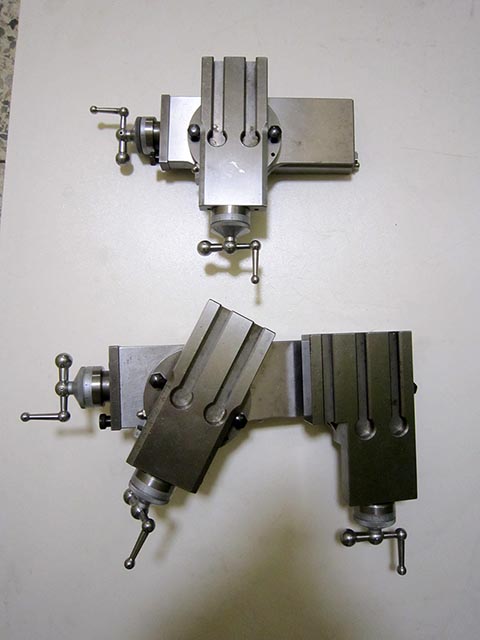 Two cross slides for the Schaublin 70 lathe. The top one with a single carriage, the bottom one with a double carriage. Top view.