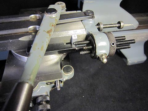 Schaublin 70 lathe, cross slide with lever-operated feed and turret.