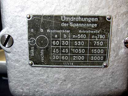 Pivot pollishing maschine Steinel SR 2, table of the collet revolutions